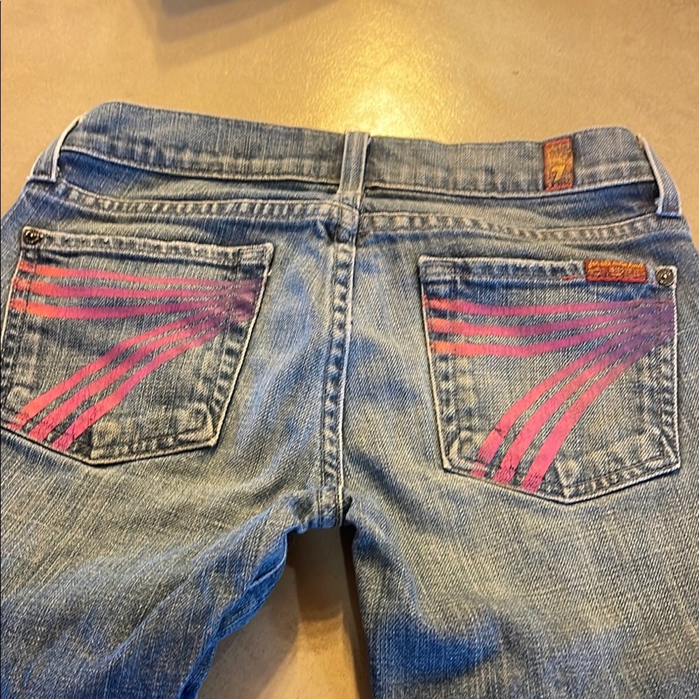 7 famk dojo jeans pink and purple 7 on pockets.